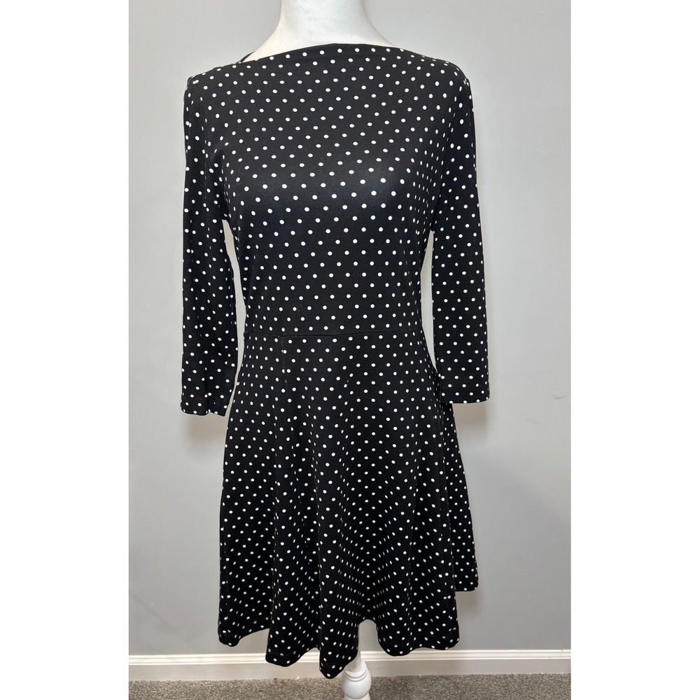 Kate Spade Broome Street Fit & Flare Dress M Black White Polka Dot 3/4 Sleeve